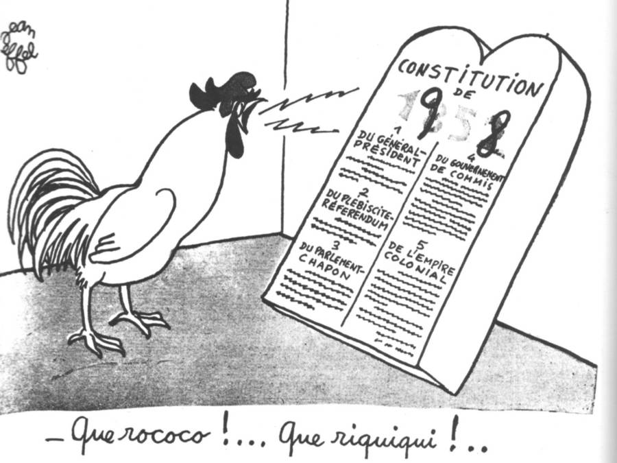 1958 7 aout L-Express Dessin de Jean Effet Que rococo que riquiqui constitution de la Ve Republique.jpg